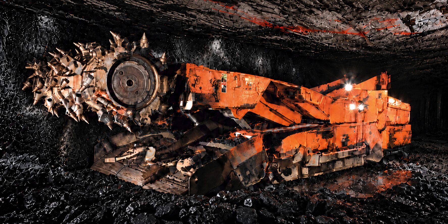 Orange continuous miner operating in an underground coal mine